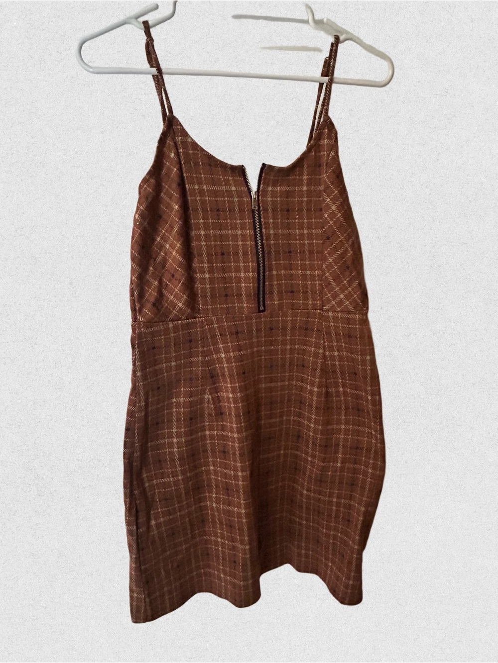 No Boundaries Brown Plaid Mini Dress with Spaghetti Straps